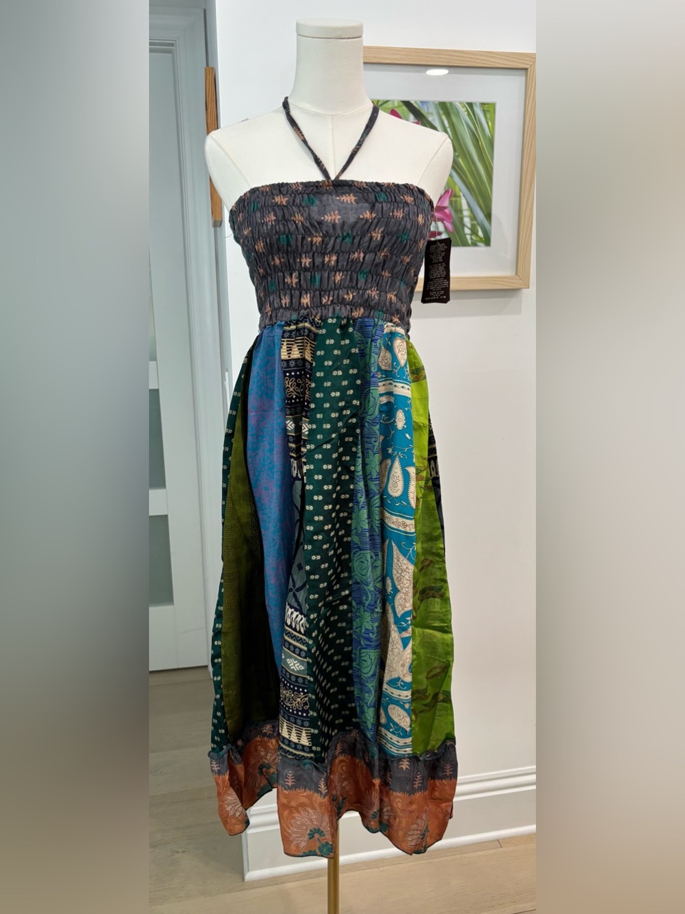 NWT Junglee Bille Boho Patchwork Maxi Dress in Green and Blue
